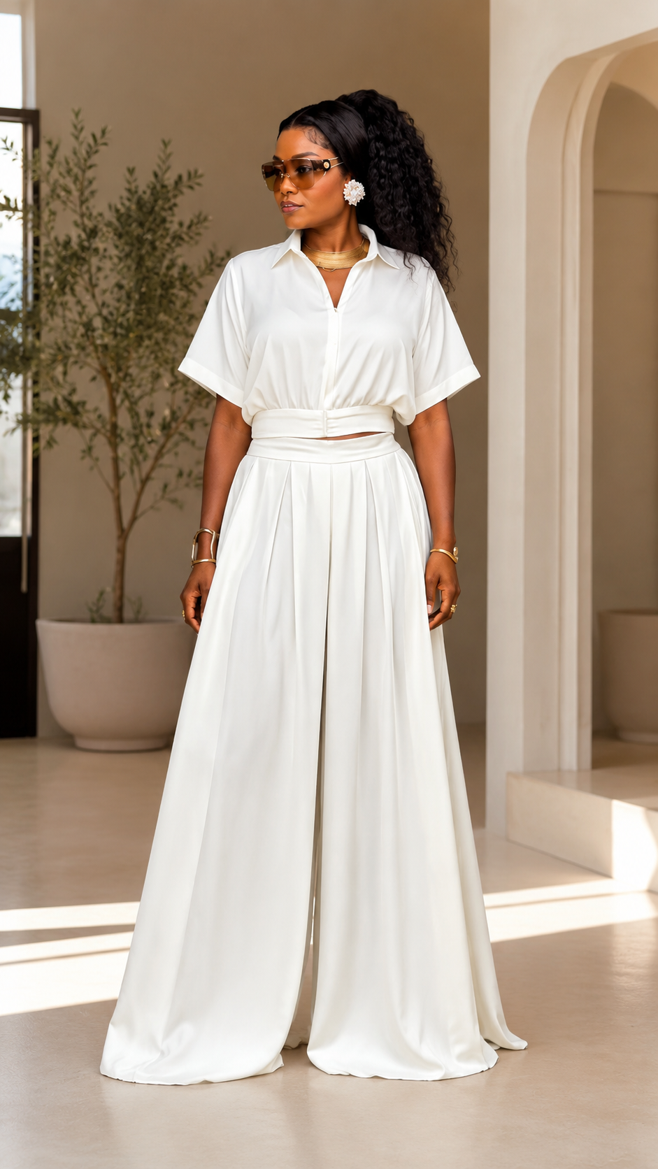 Elegant White Cropped Shirt & Wide-Leg Pants Set