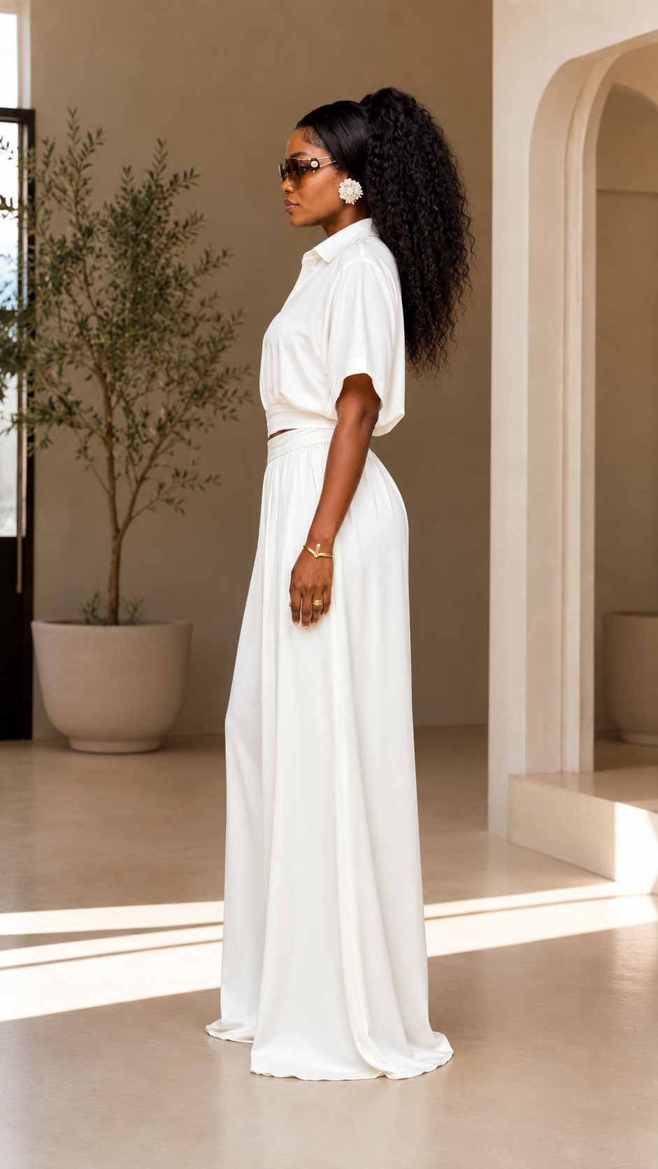 Elegant White Cropped Shirt & Wide-Leg Pants Set