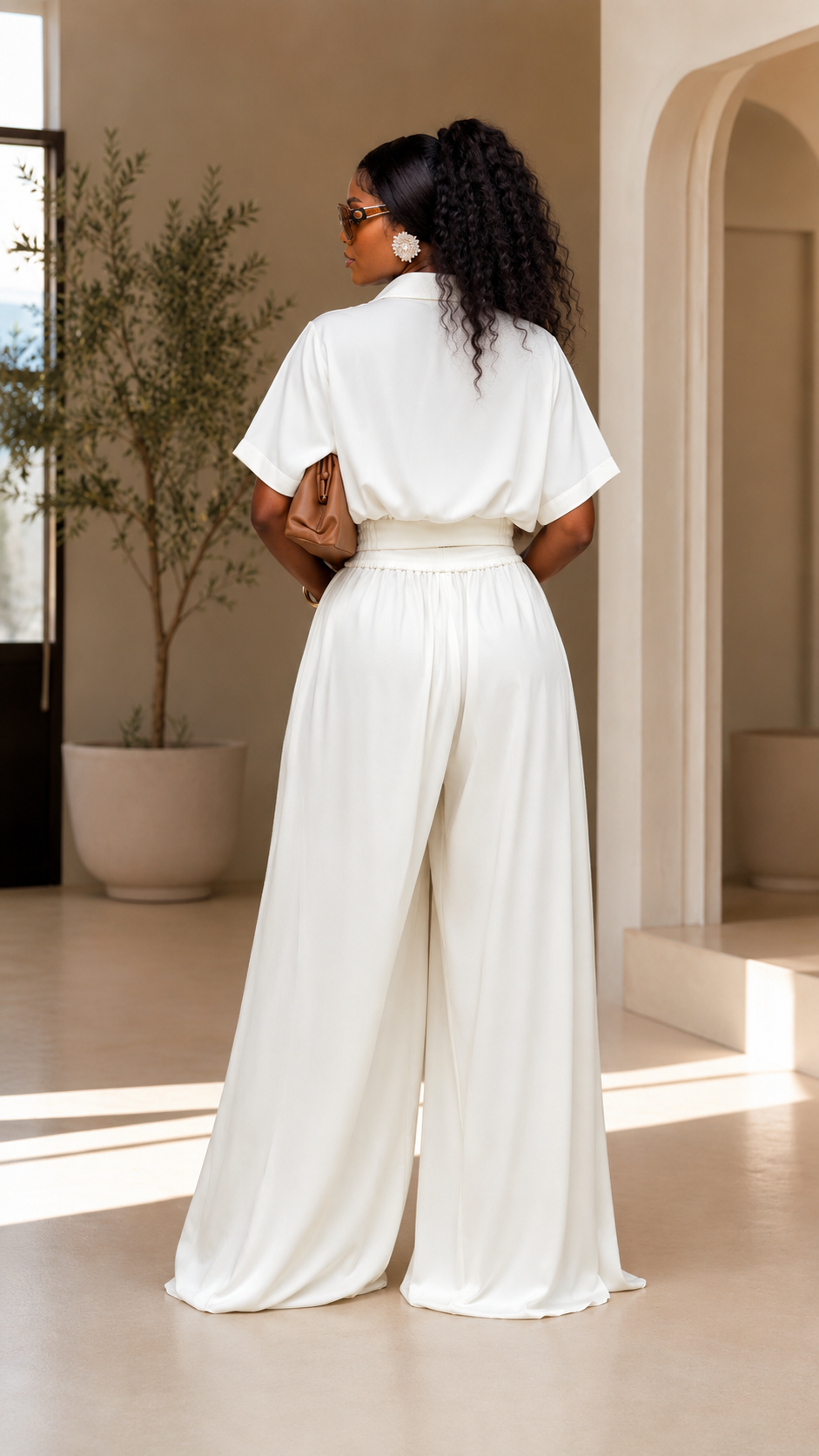 Elegant White Cropped Shirt & Wide-Leg Pants Set