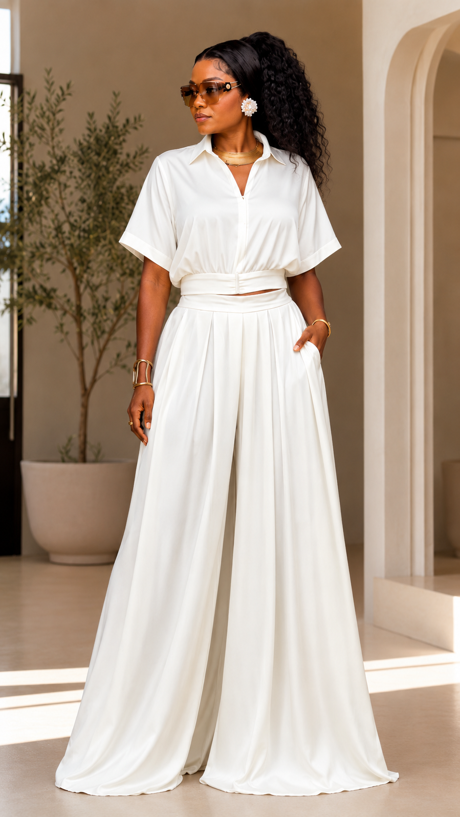 Elegant White Cropped Shirt & Wide-Leg Pants Set