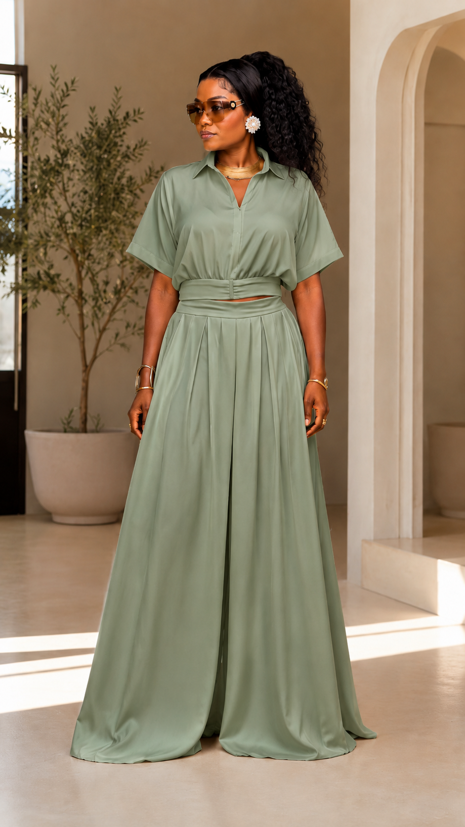 Elegant White Cropped Shirt & Wide-Leg Pants Set