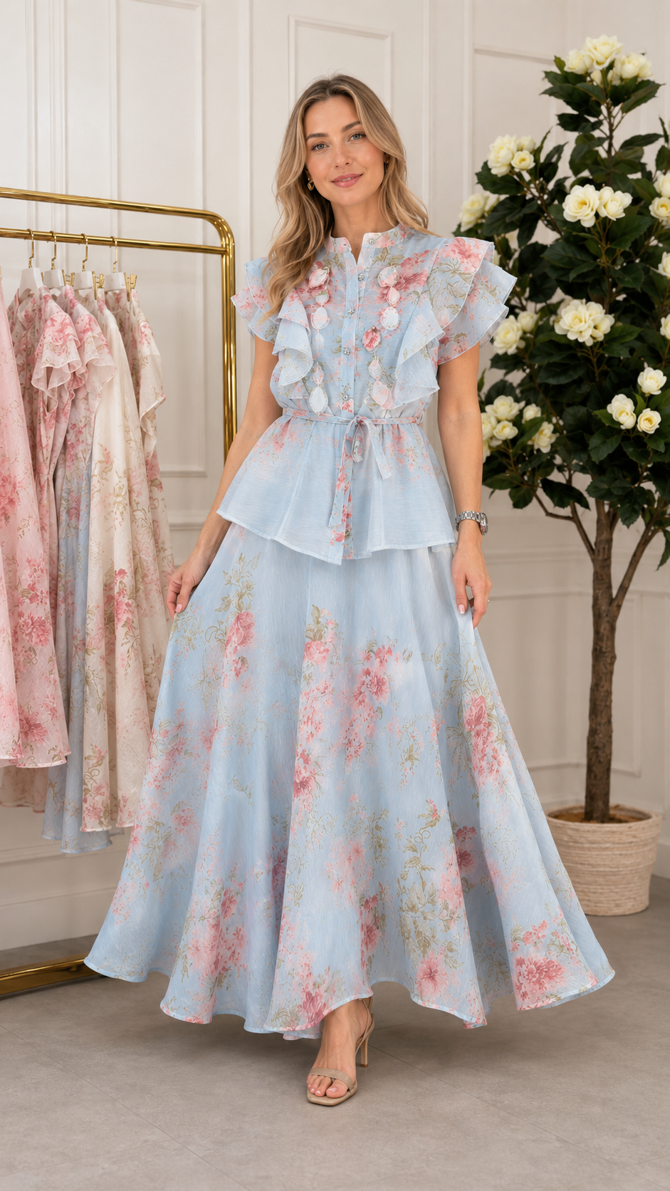 Romantic Floral Ruffle Peplum Maxi Set