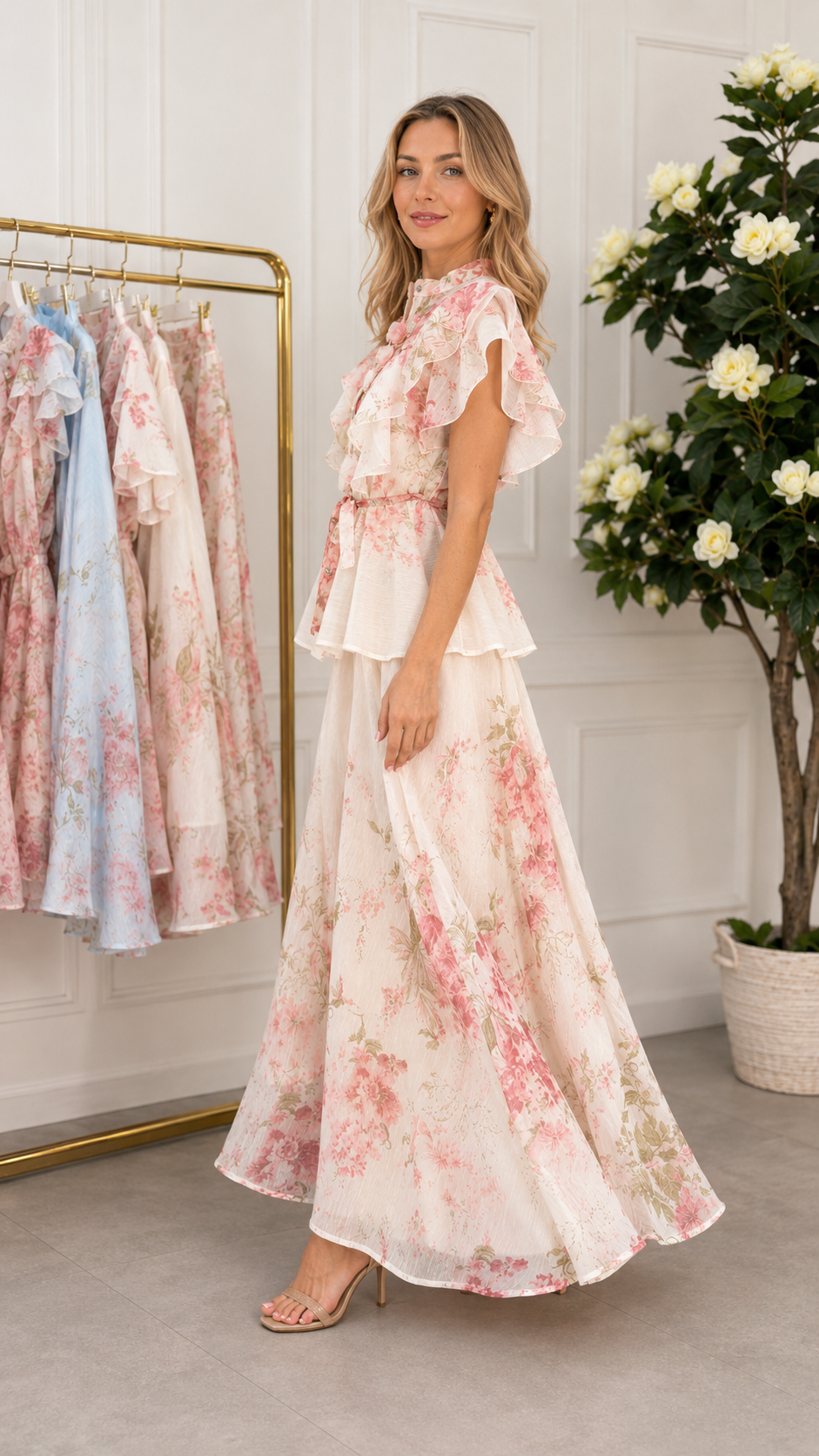 Romantic Floral Ruffle Peplum Maxi Set