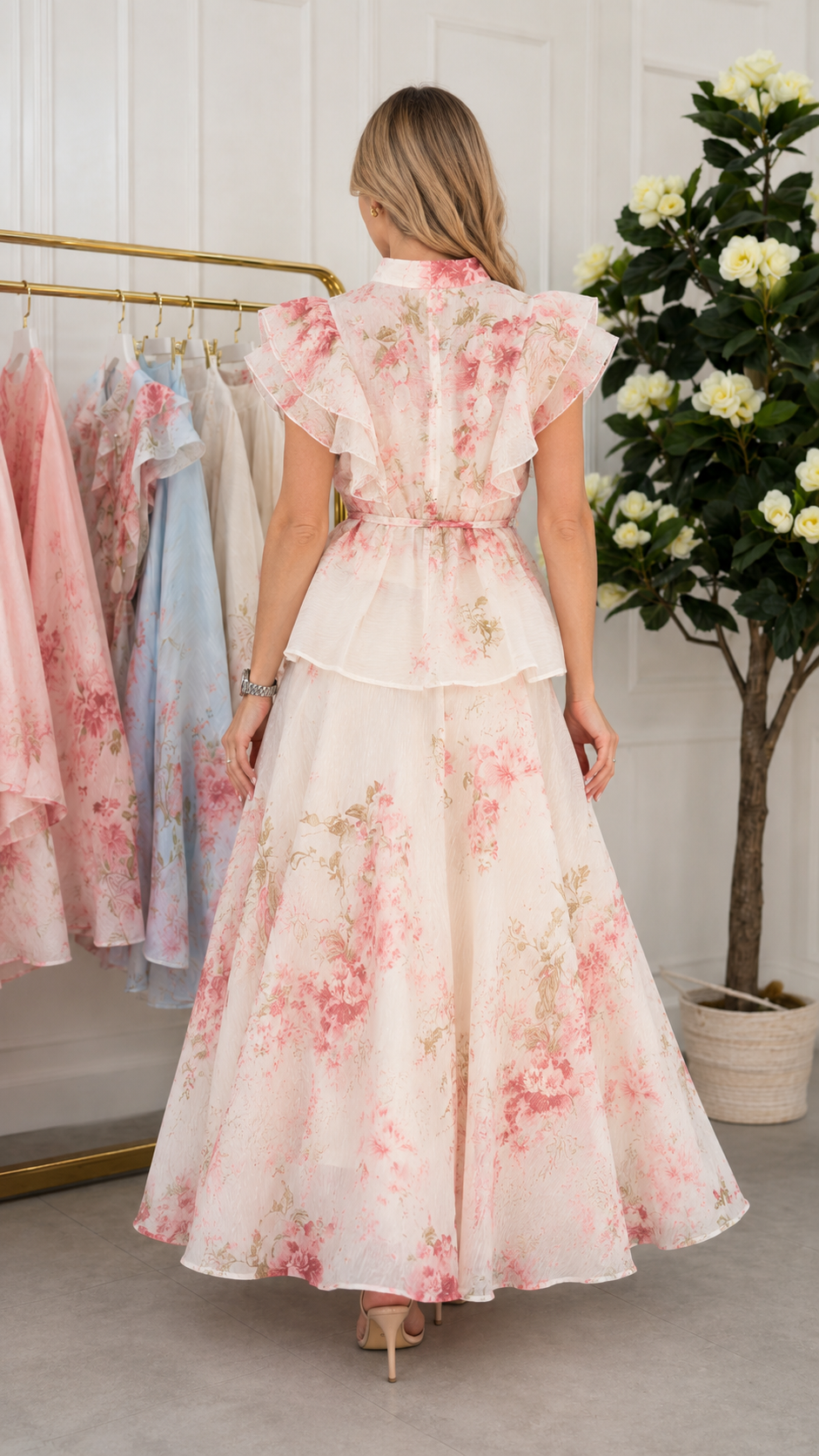 Romantic Floral Ruffle Peplum Maxi Set