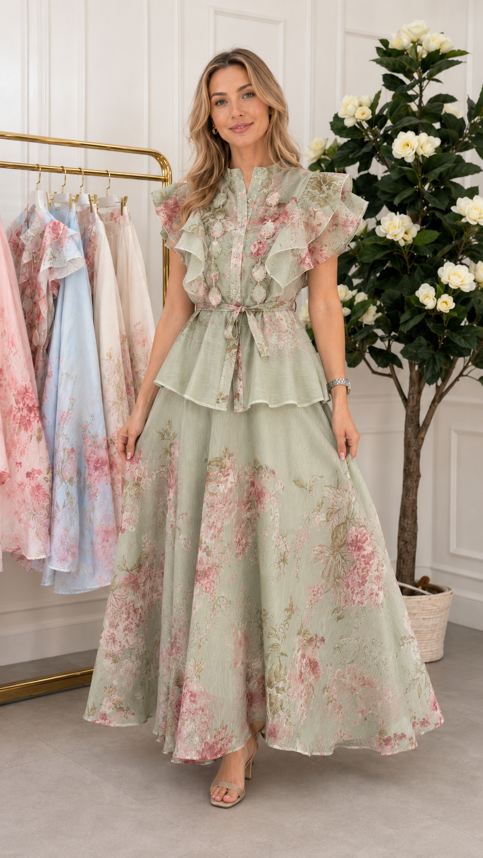 Romantic Floral Ruffle Peplum Maxi Set