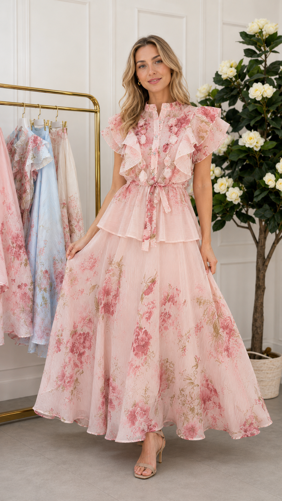 Romantic Floral Ruffle Peplum Maxi Set