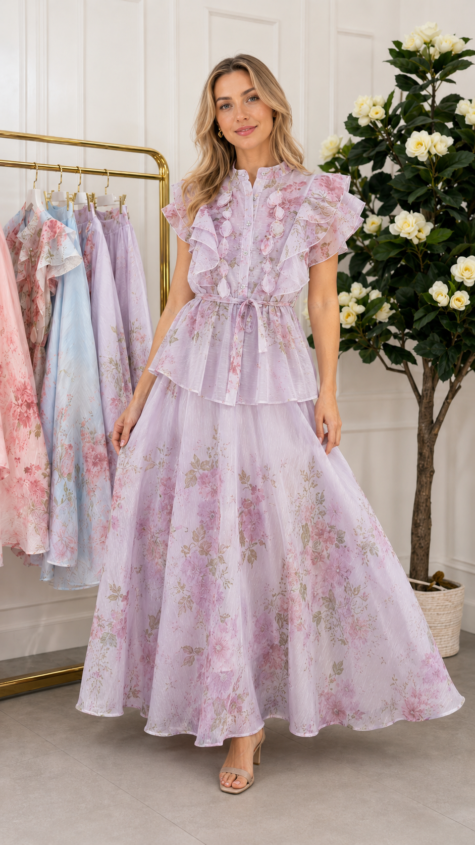 Romantic Floral Ruffle Peplum Maxi Set