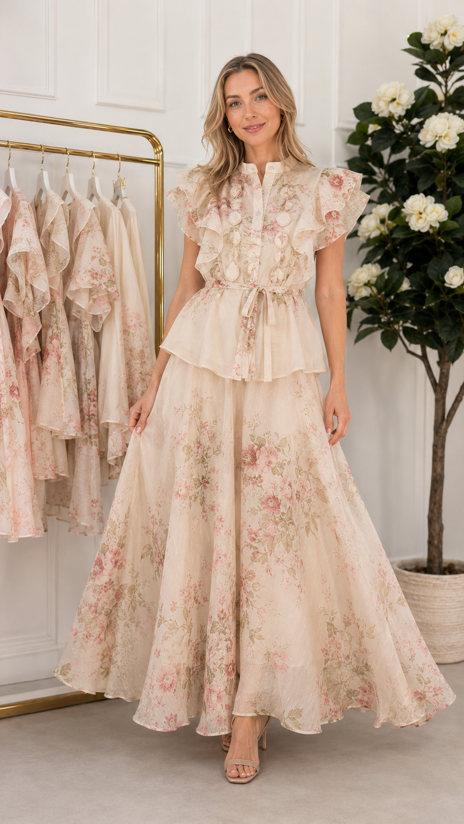 Romantic Floral Ruffle Peplum Maxi Set