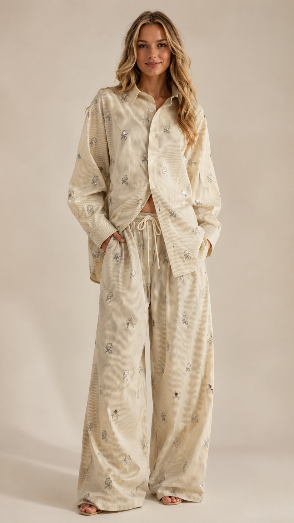 Floral Embroidered Ribbed Two-Piece Set