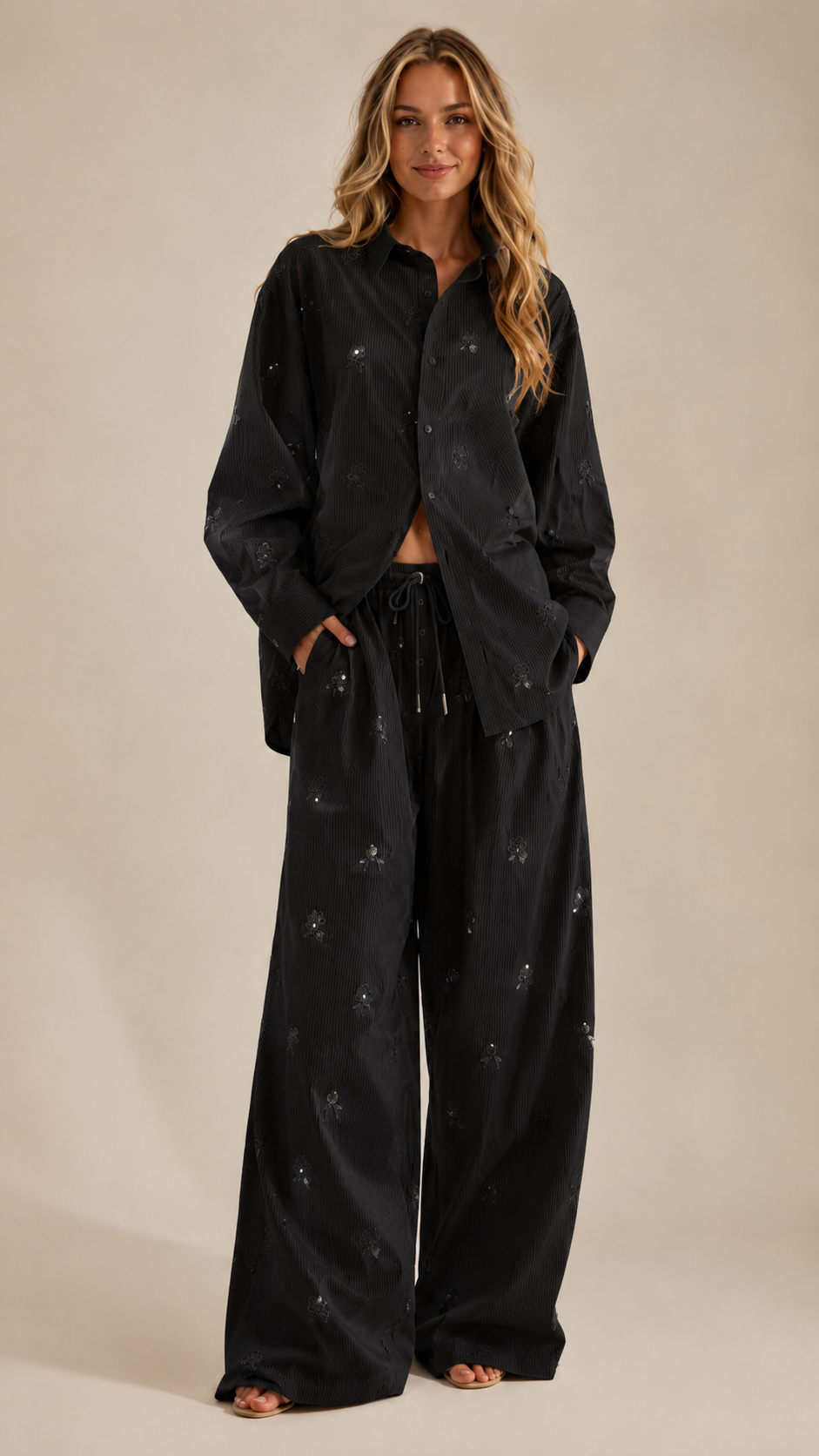 Floral Embroidered Ribbed Two-Piece Set