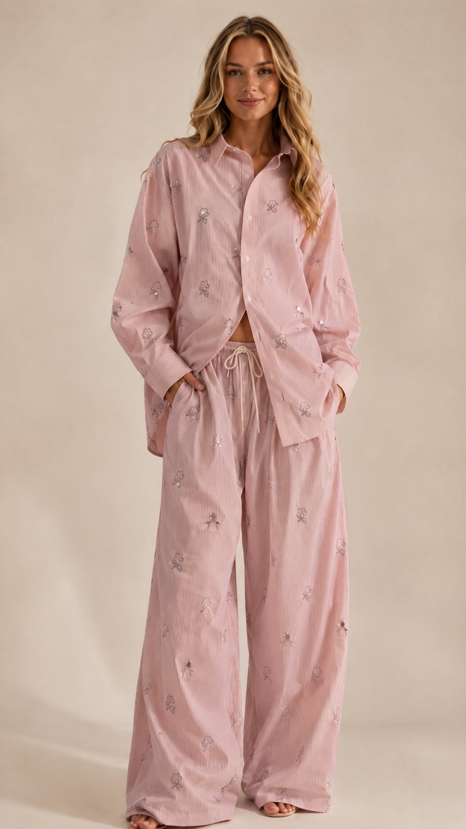 Floral Embroidered Ribbed Two-Piece Set