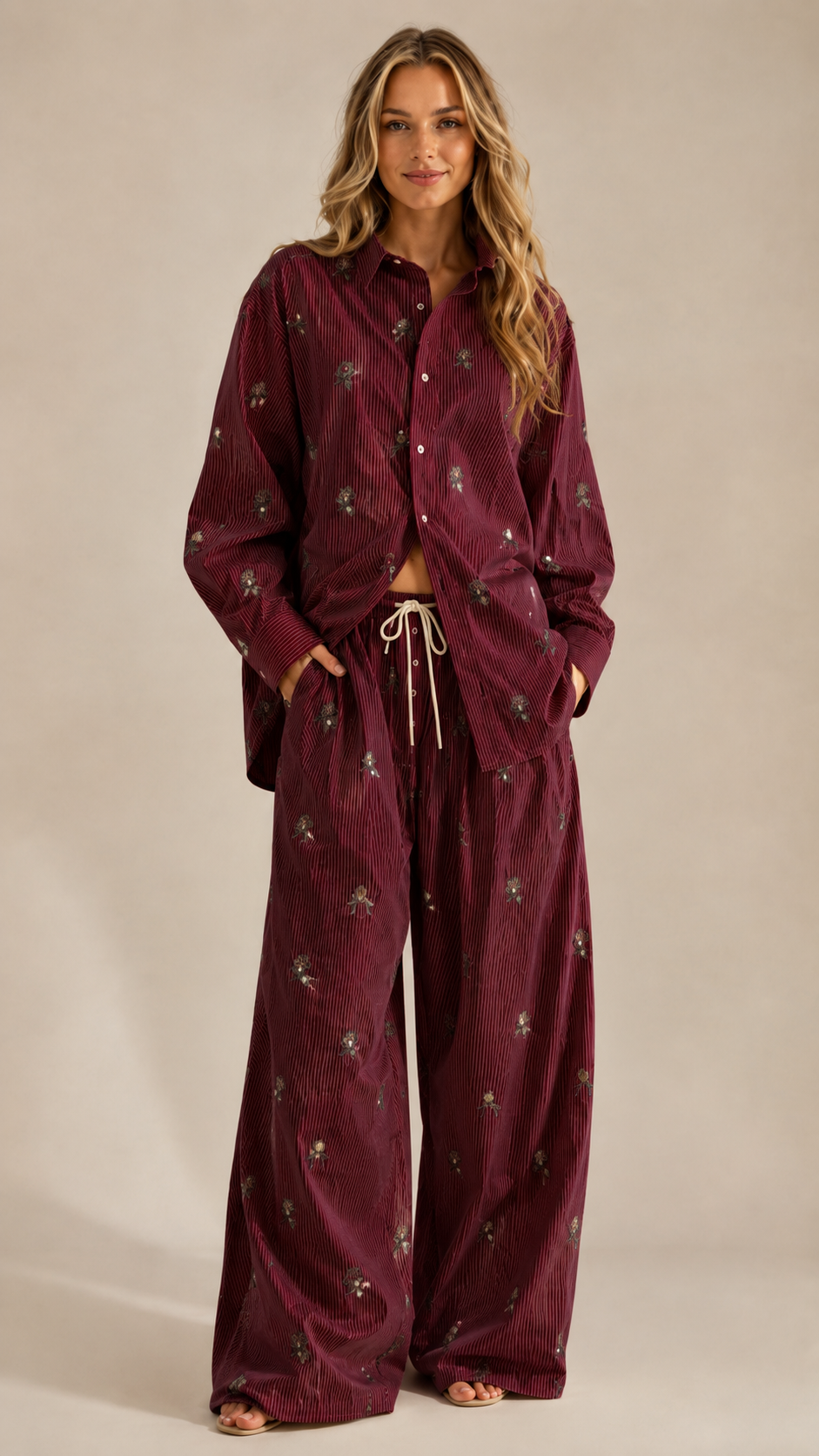 Floral Embroidered Ribbed Two-Piece Set