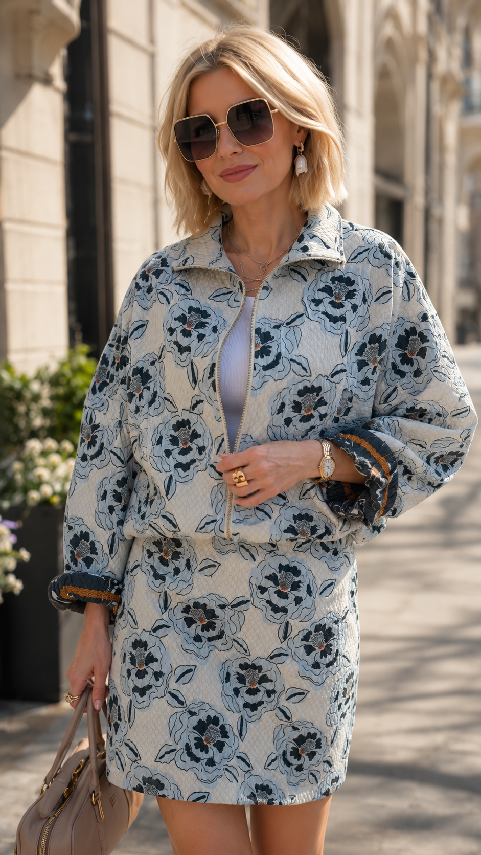 Quilted Floral Zip-Up Jacket & Mini Skirt Set