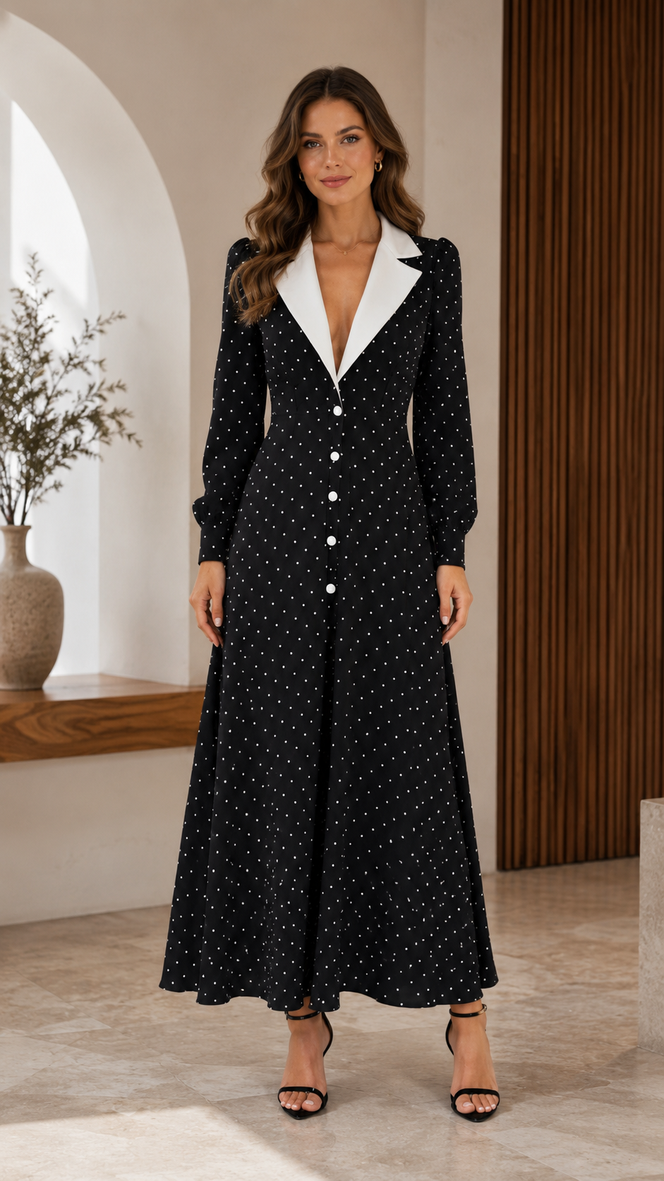 Classic Polka Dot Contrast Collar Midi Dress