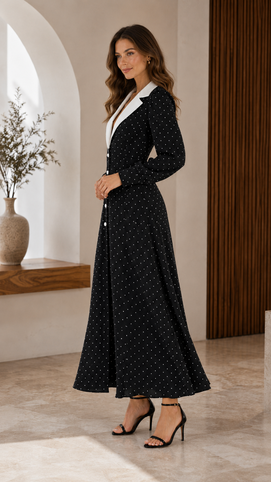 Classic Polka Dot Contrast Collar Midi Dress