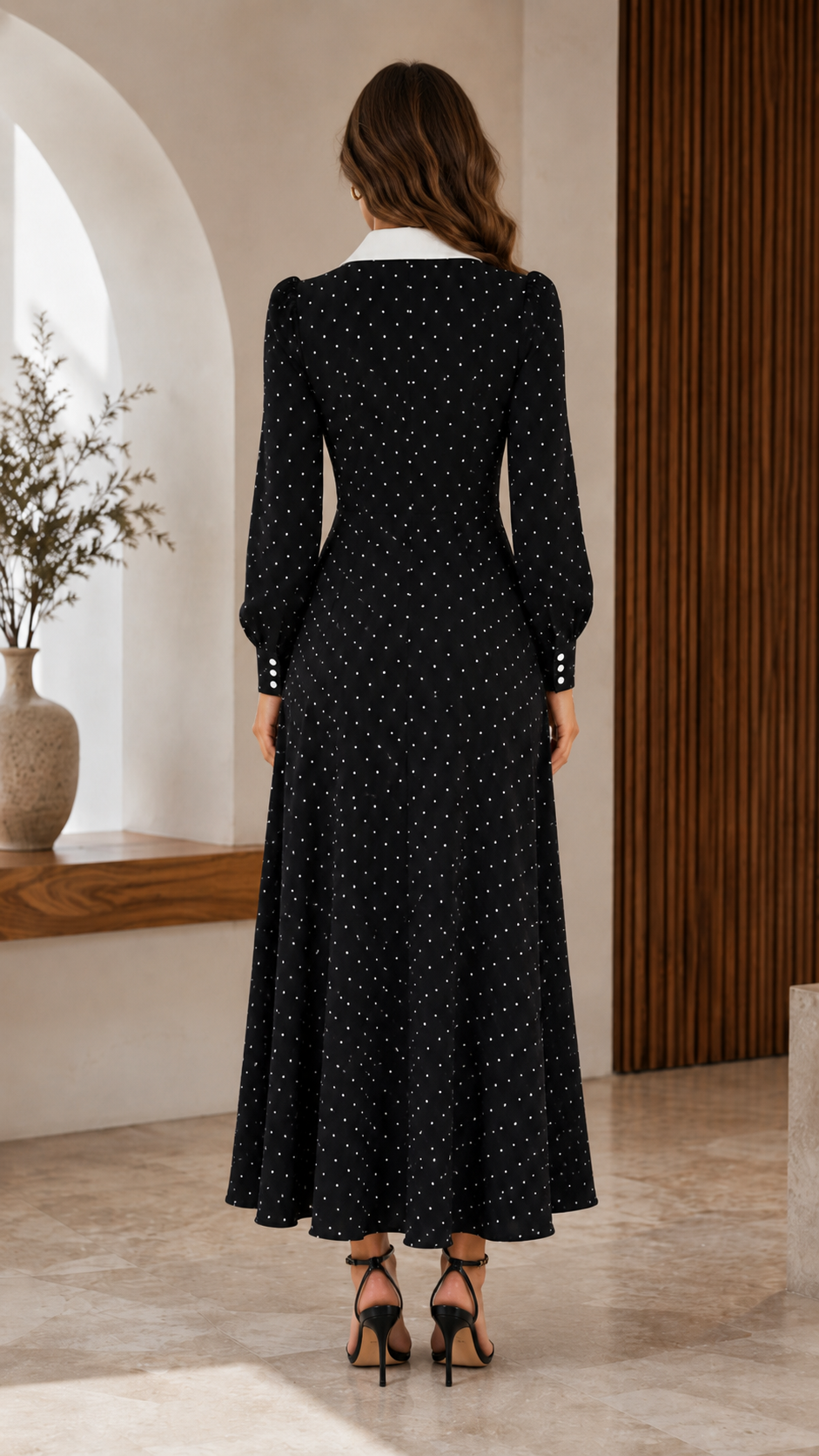 Classic Polka Dot Contrast Collar Midi Dress