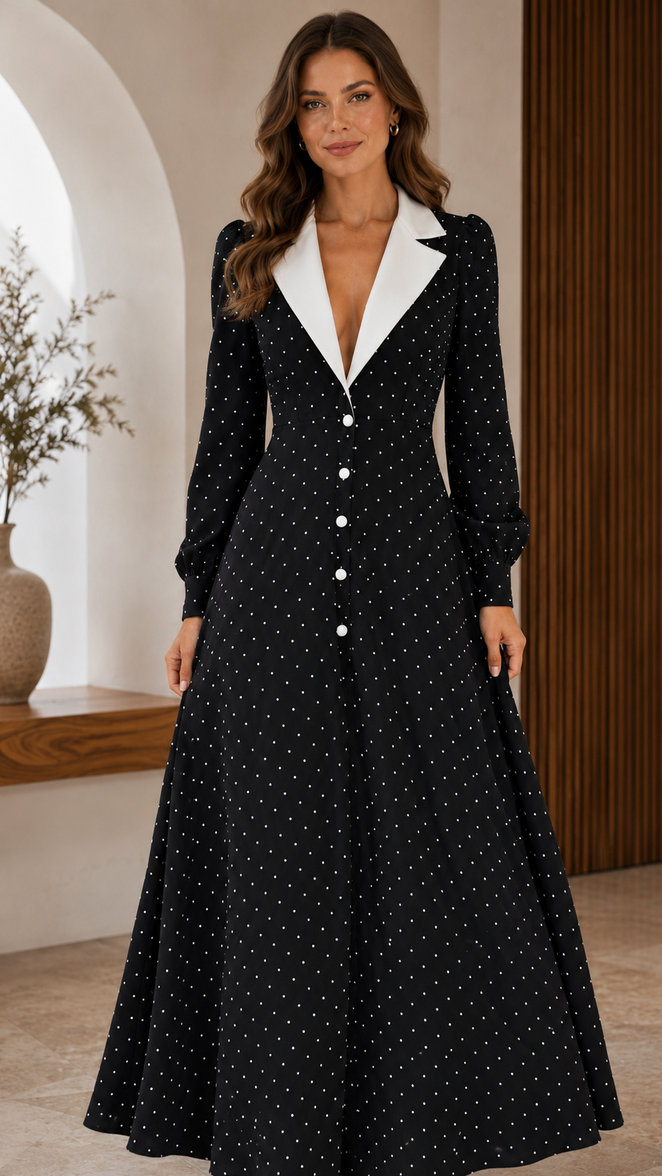 Classic Polka Dot Contrast Collar Midi Dress