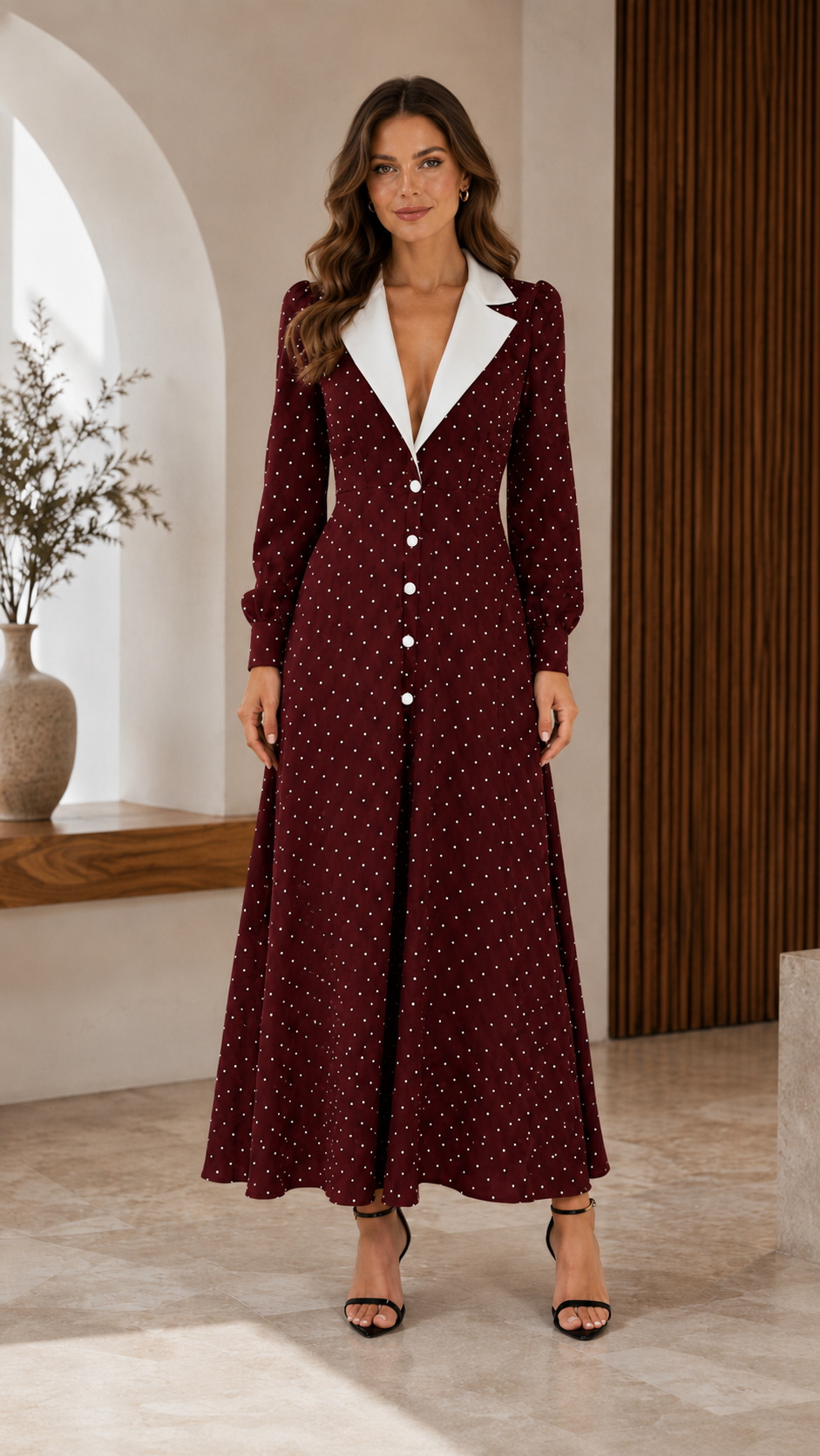 Classic Polka Dot Contrast Collar Midi Dress