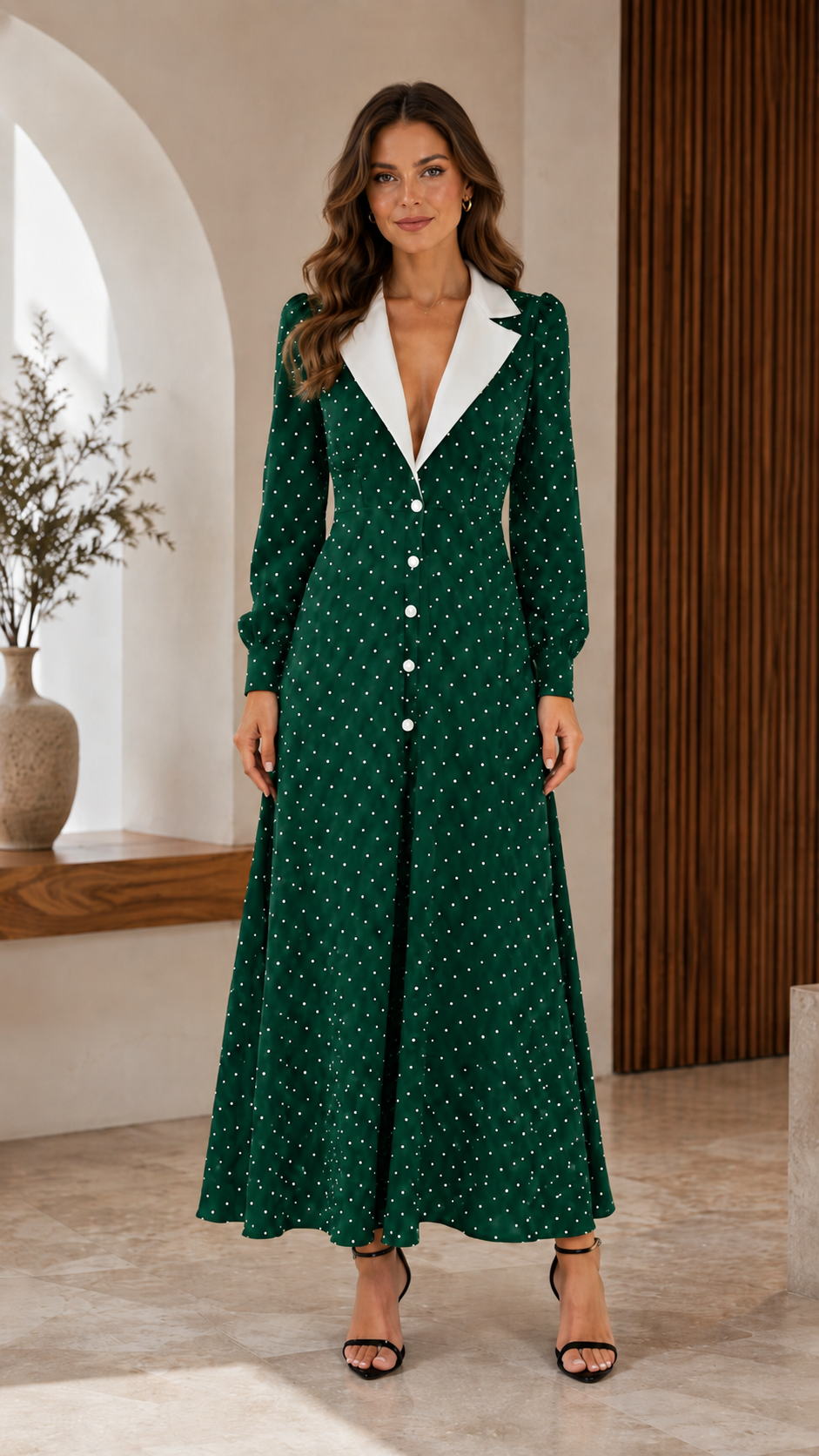 Classic Polka Dot Contrast Collar Midi Dress