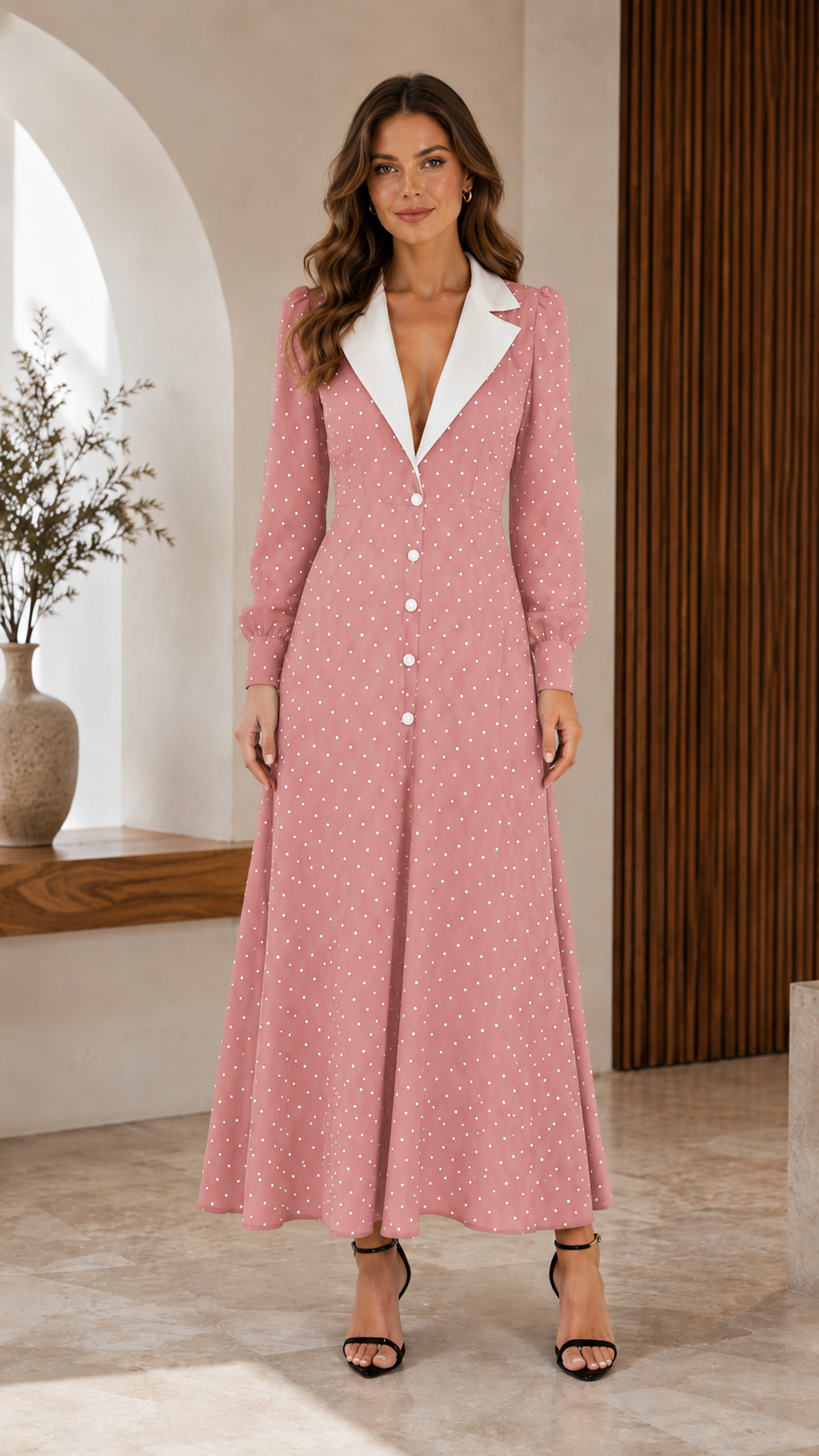 Classic Polka Dot Contrast Collar Midi Dress