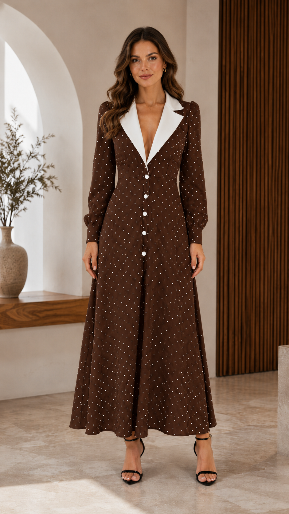 Classic Polka Dot Contrast Collar Midi Dress