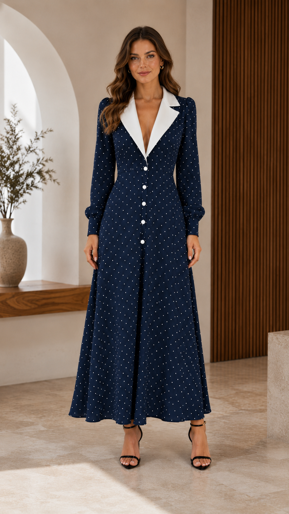 Classic Polka Dot Contrast Collar Midi Dress