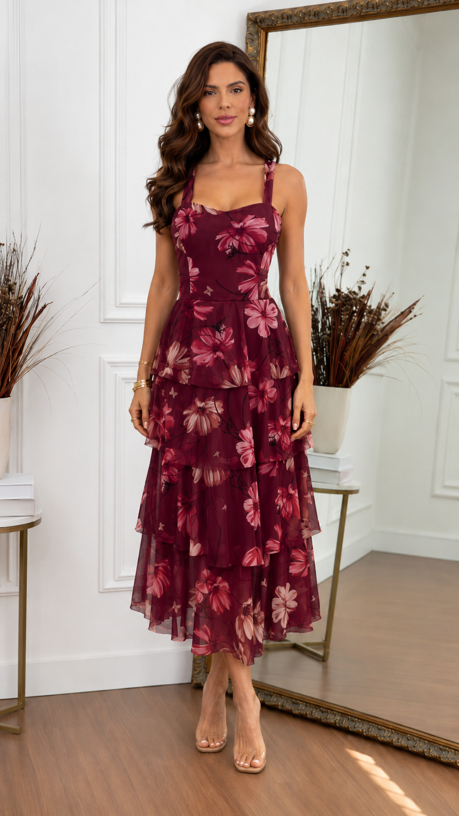 Romantic Tiered Floral Midi Dress