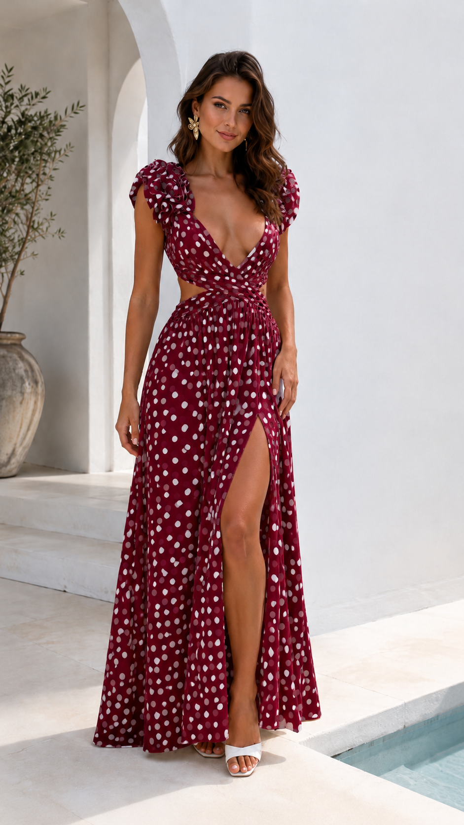 Polka Dot Cutout Puff Sleeve Maxi Dress