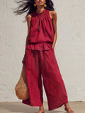 Sleeveless Smocked Linen Two-Piece Set | Ruffle Hem Wide Leg Pants Outfit