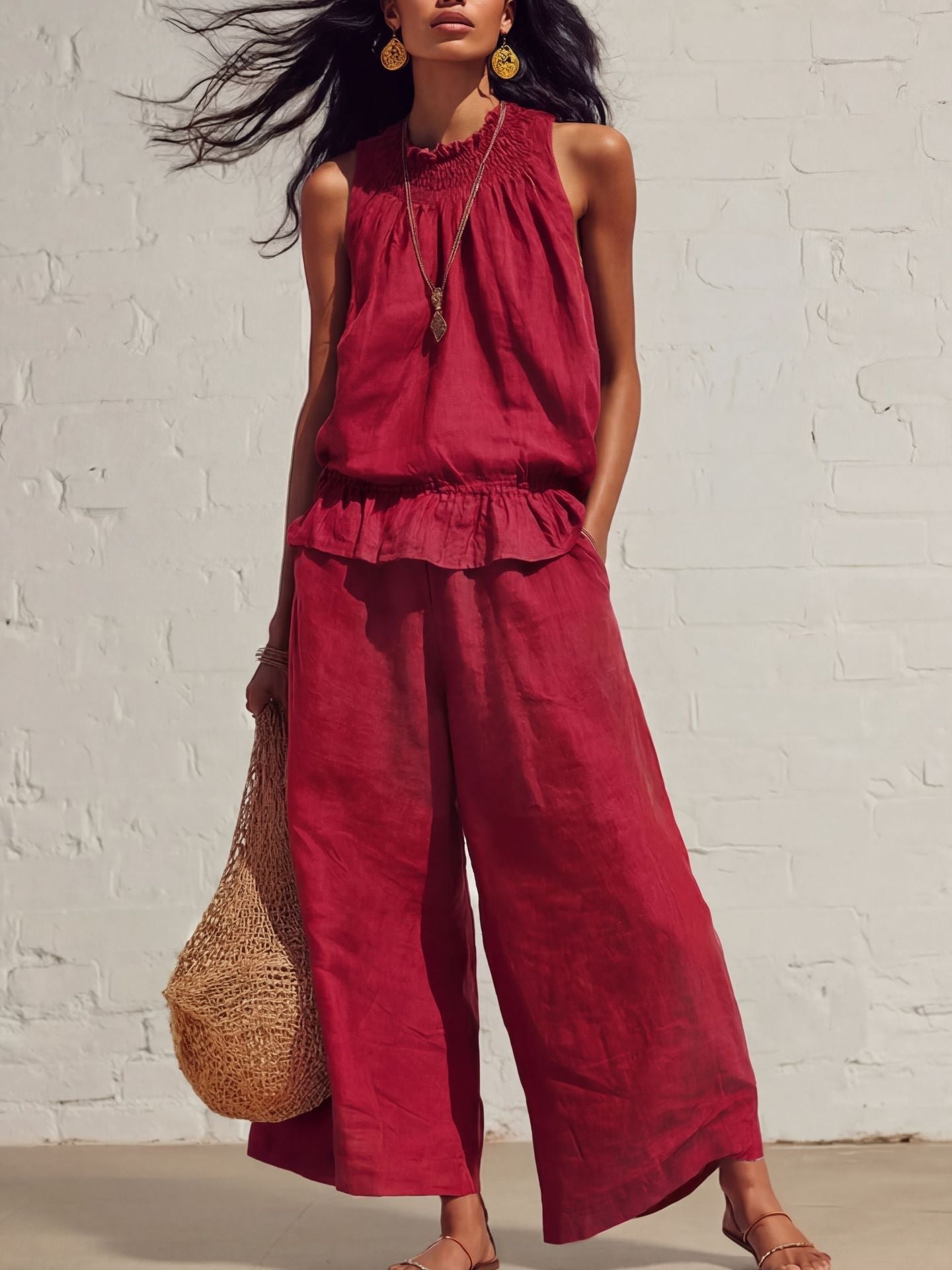 Sleeveless Smocked Linen Two-Piece Set | Ruffle Hem Wide Leg Pants Outfit