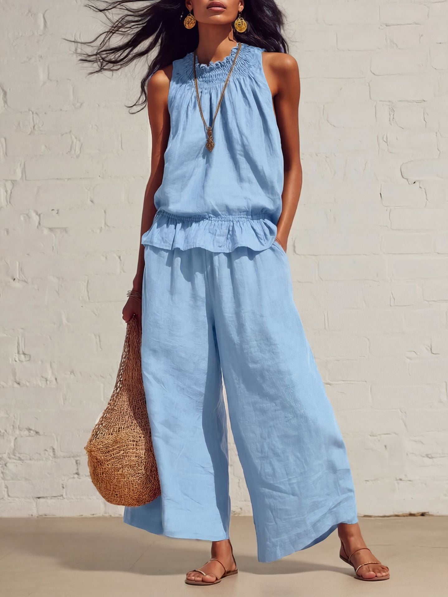 Sleeveless Smocked Linen Two-Piece Set | Ruffle Hem Wide Leg Pants Outfit