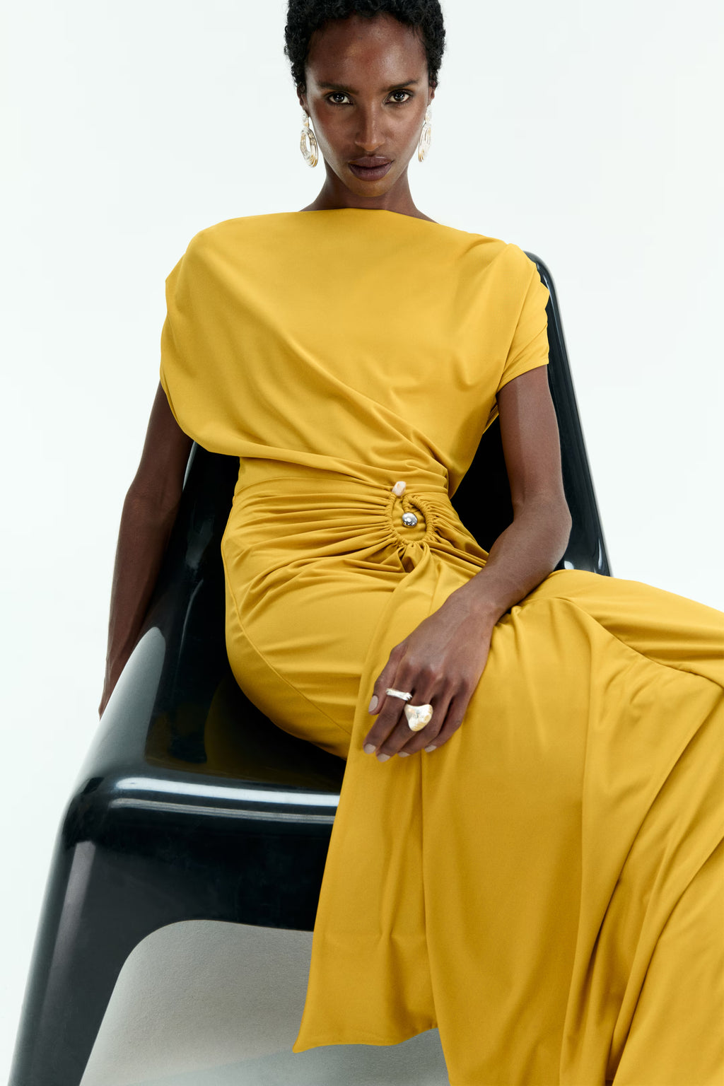 Yellow Draped Boat-Neck Dress