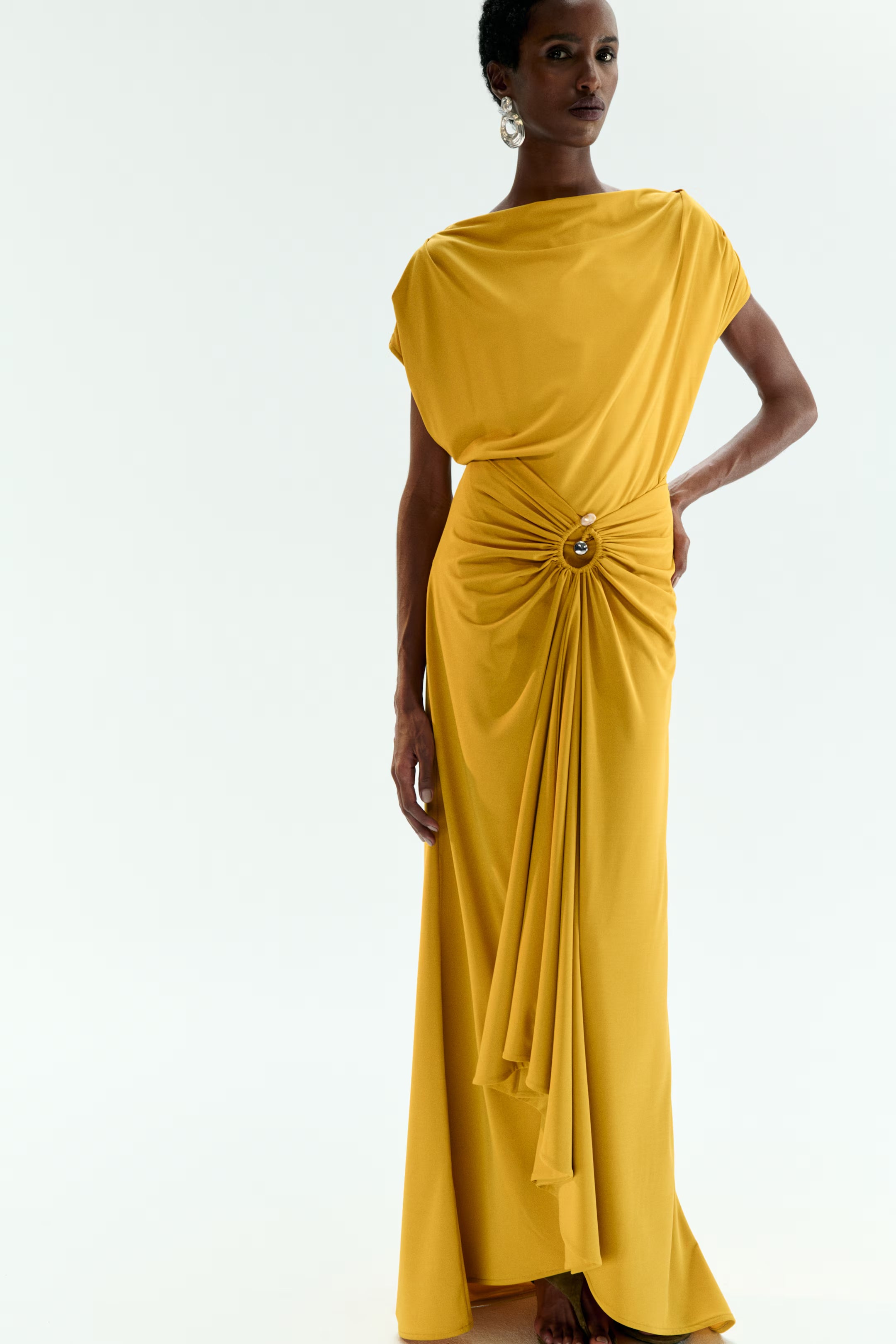 Yellow Draped Boat-Neck Dress