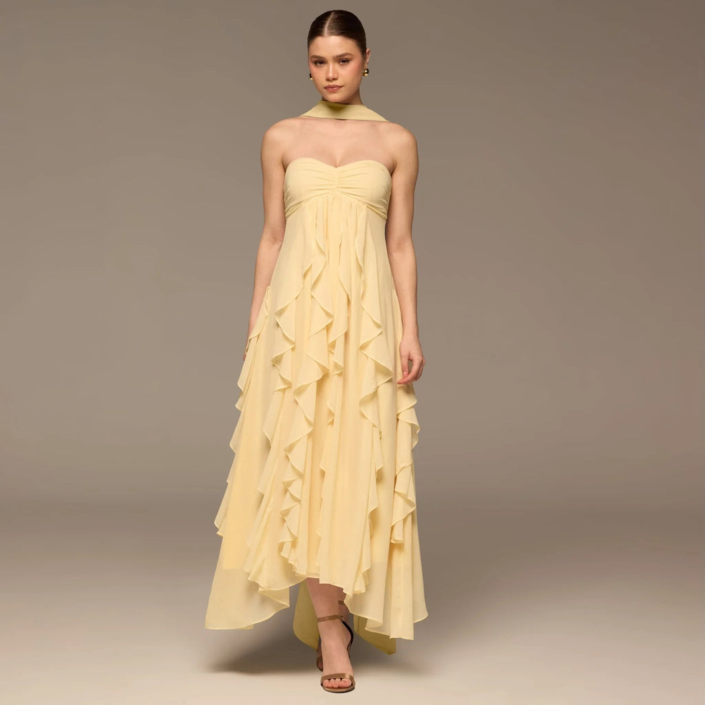 Yellow Strapless Ruffle Chiffon Maxi Dress