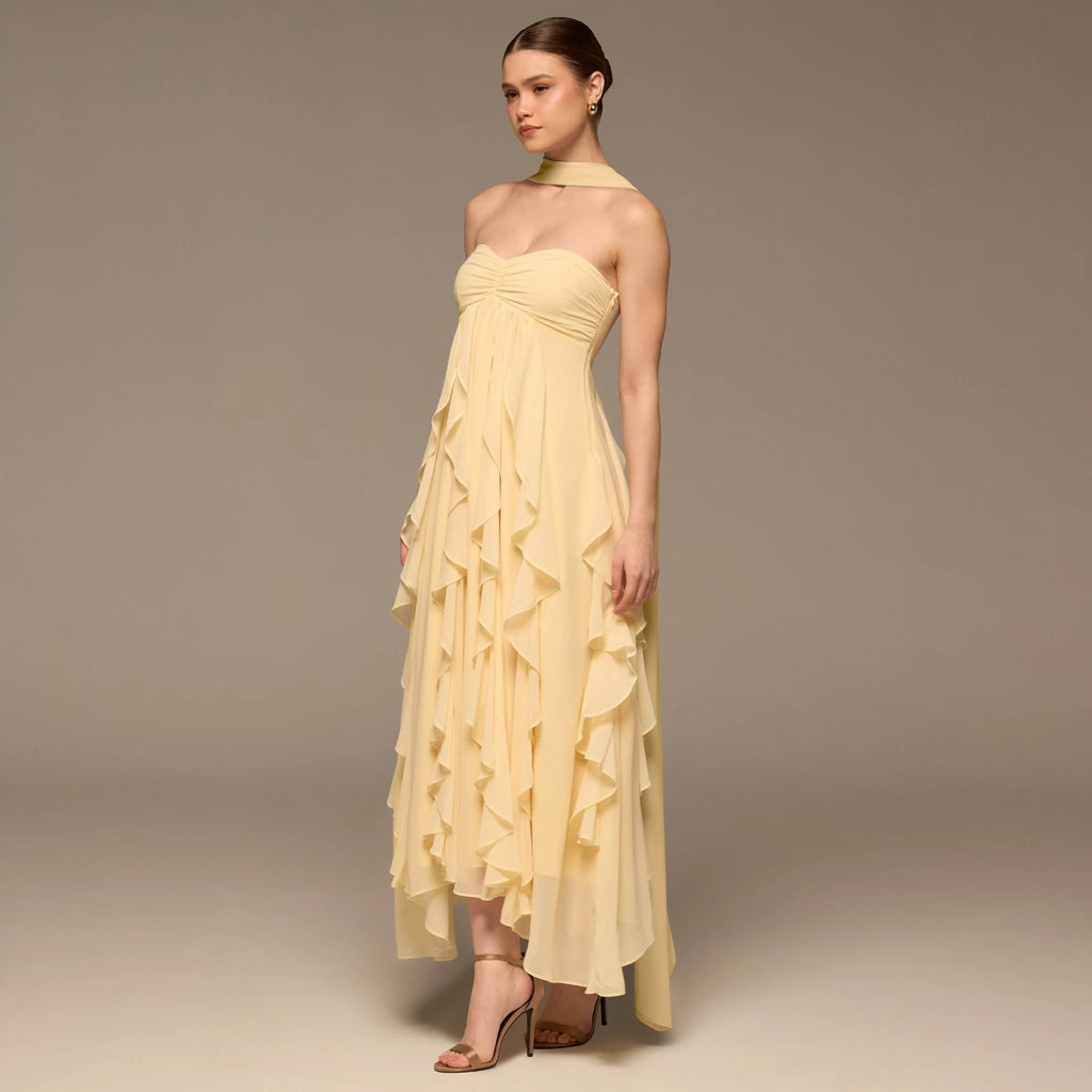 Yellow Strapless Ruffle Chiffon Maxi Dress