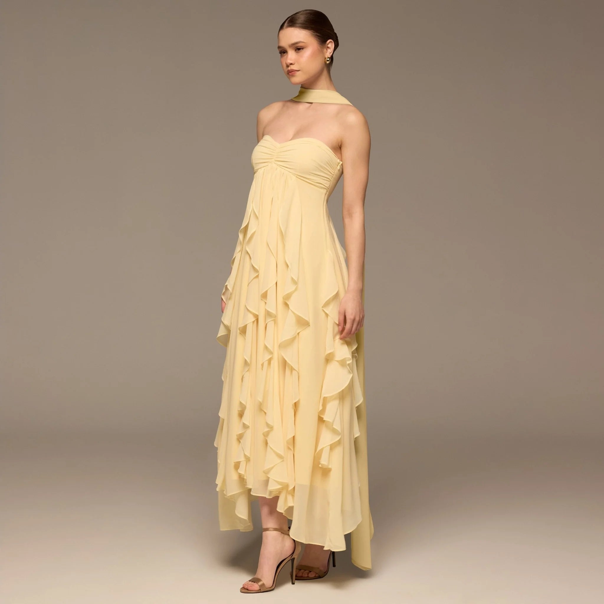 Yellow Strapless Ruffle Chiffon Maxi Dress
