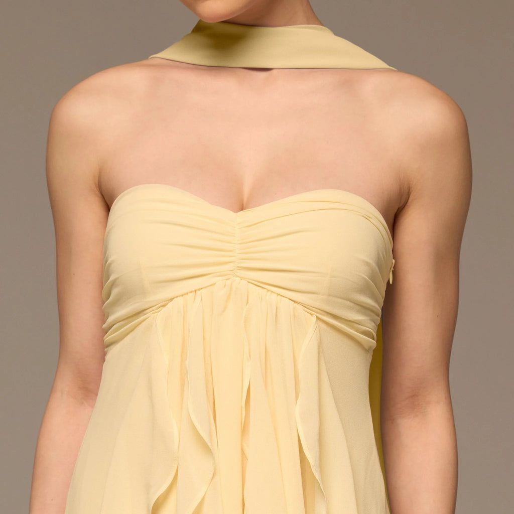 Yellow Strapless Ruffle Chiffon Maxi Dress