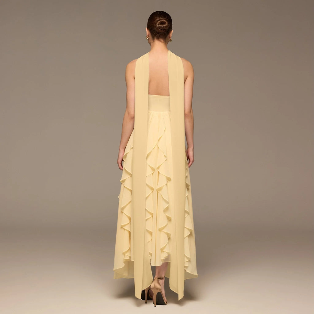 Yellow Strapless Ruffle Chiffon Maxi Dress