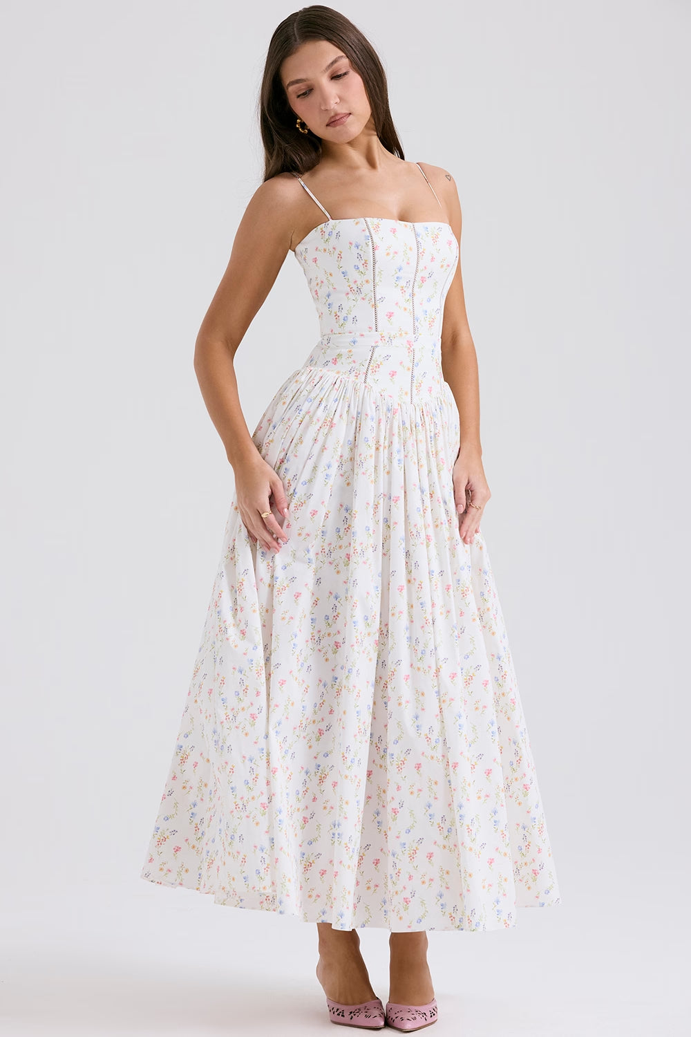 White Posy Print Cotton Midi Sundress