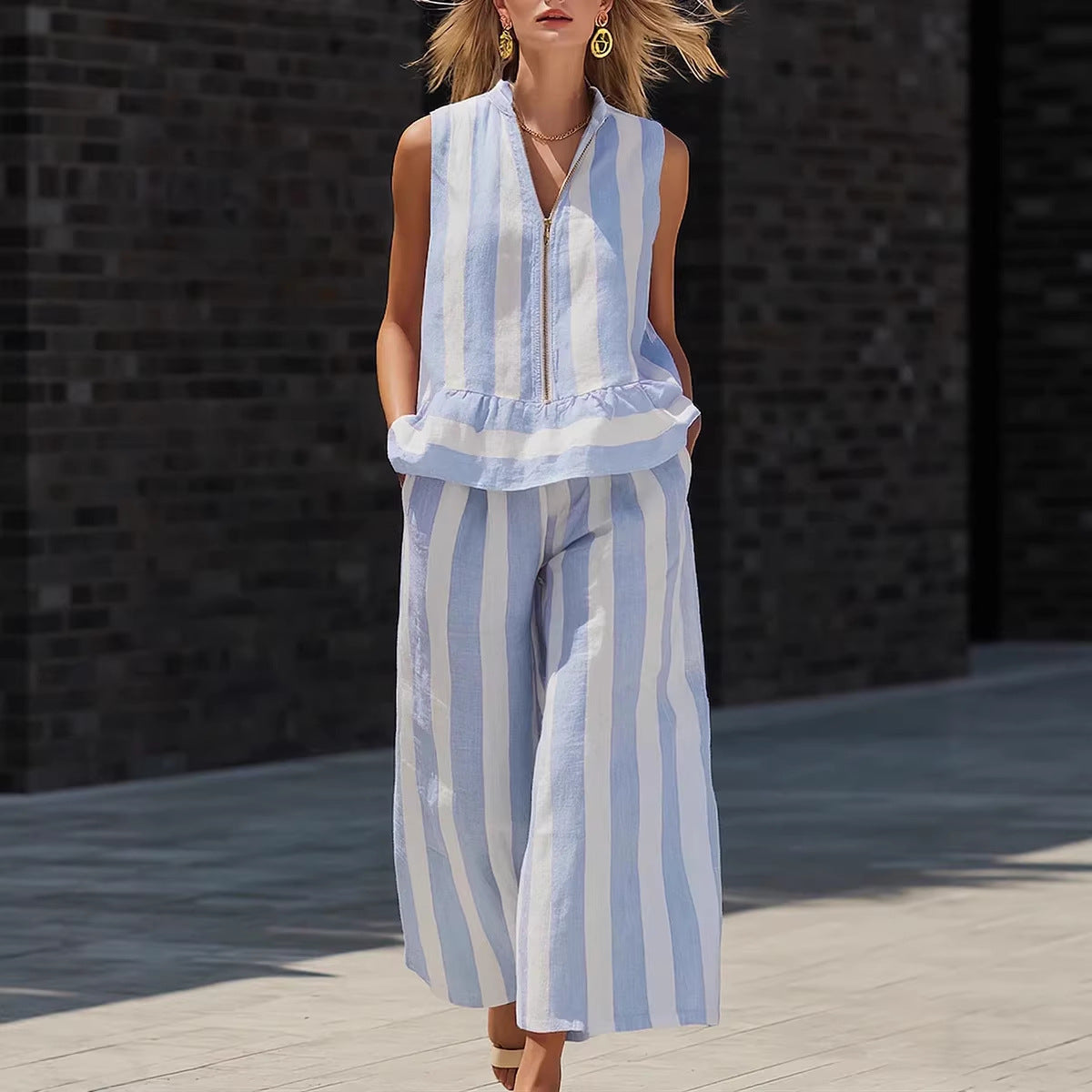 Zip-up Stand-up Collar Shirt And Sleeveless Striped Trousers Two-piece Set