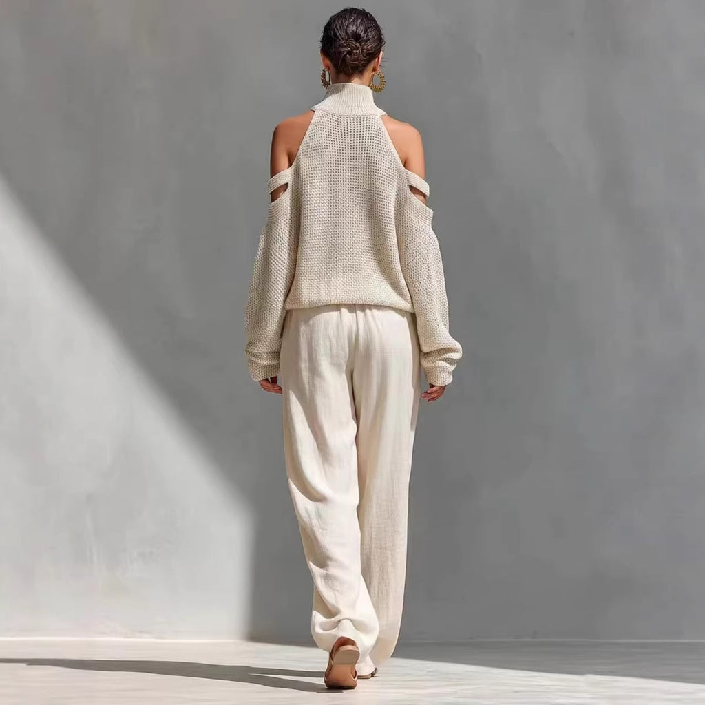 Womens Long-Sleeve Turtleneck Top And Pants Two-Piece Set