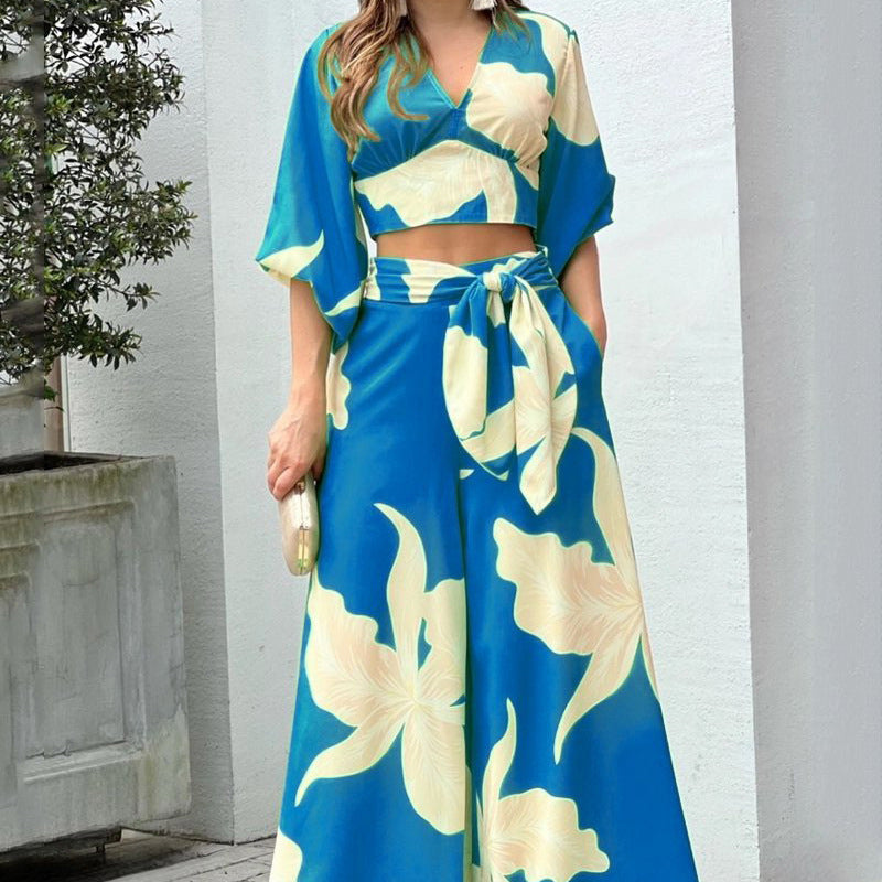 Fashionable Casual Top And High-waisted Wide-leg Pants Set