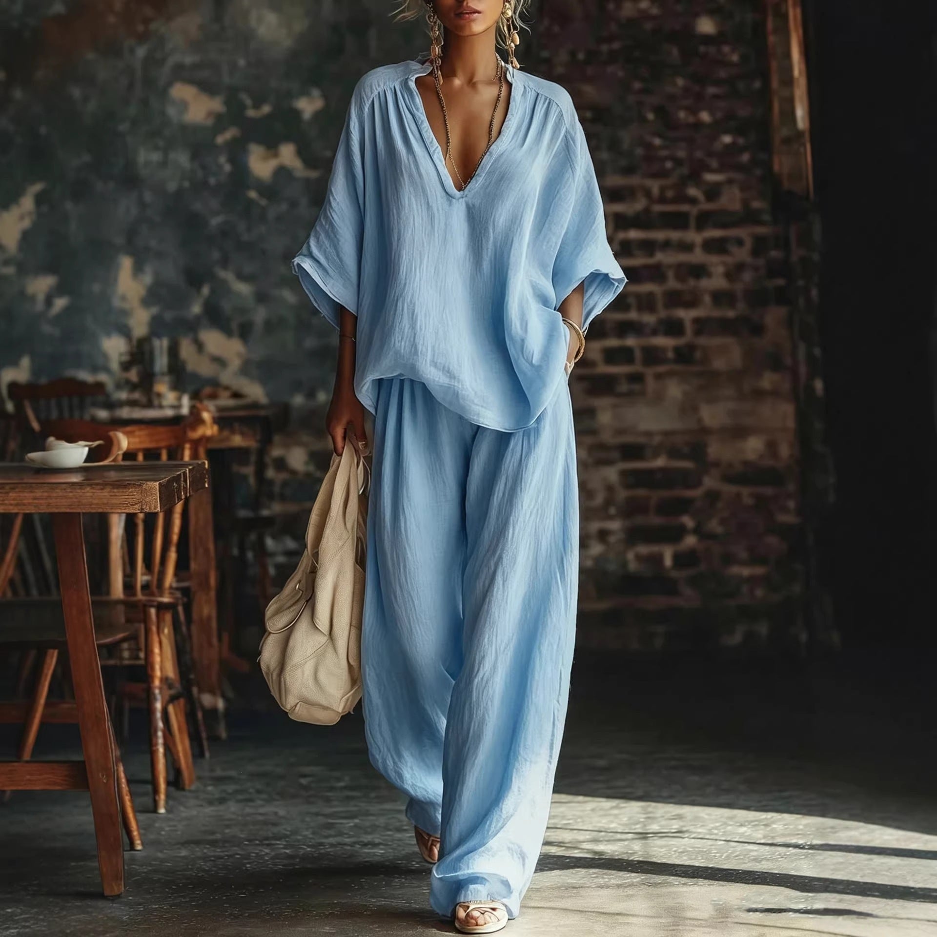 Womens V-neck Loose Short-Sleeve Casual Pants Two-Piece Set