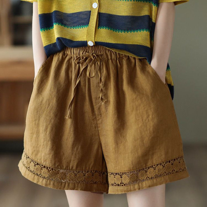 Thin Elastic-Waist Lace-up Hollowed-Out Casual Cotton-Linen Straight Pants