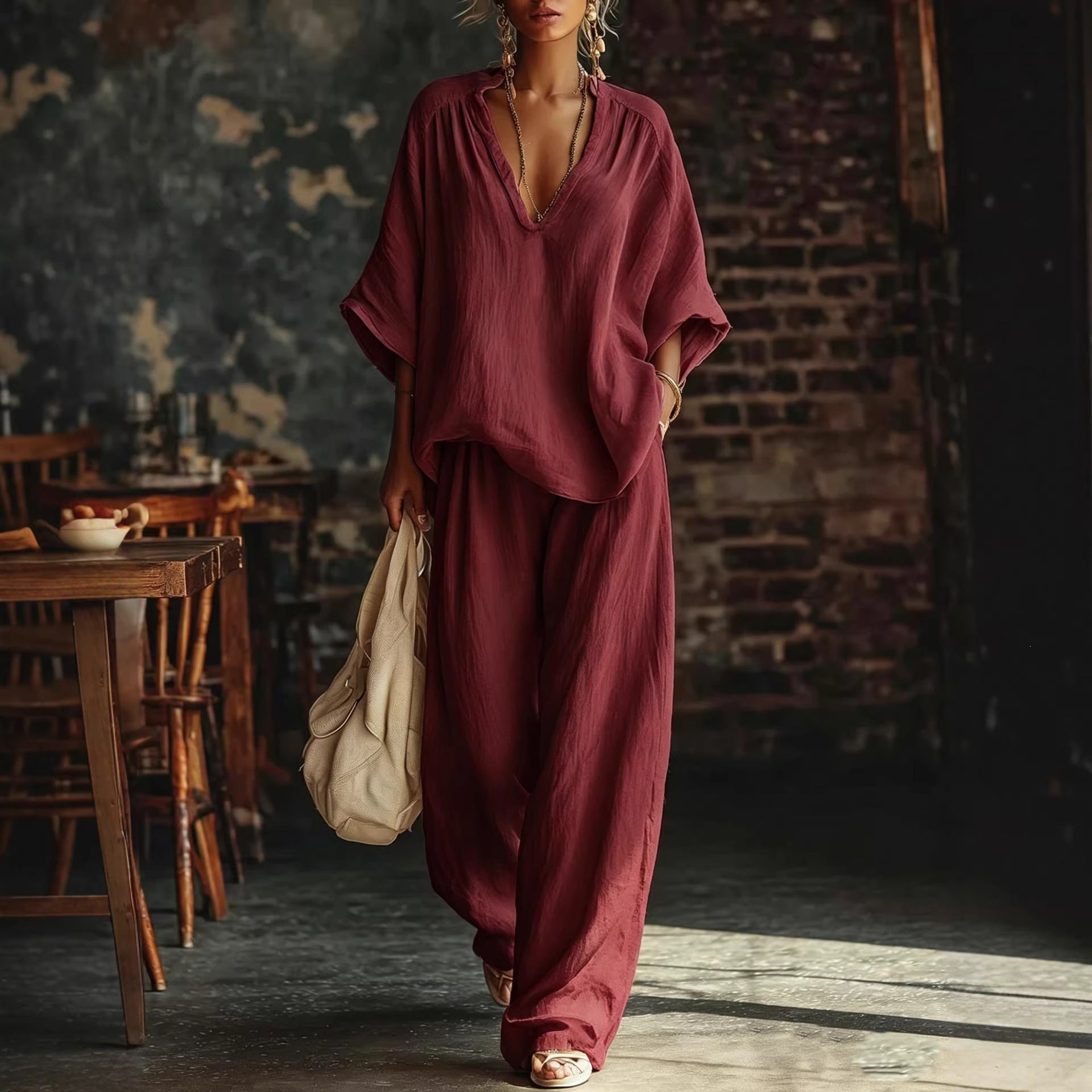 Womens V-neck Loose Short-Sleeve Casual Pants Two-Piece Set