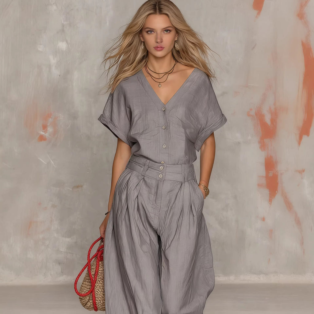 Solid-color V-neck Short-sleeve Top And Wide-leg Pants Set