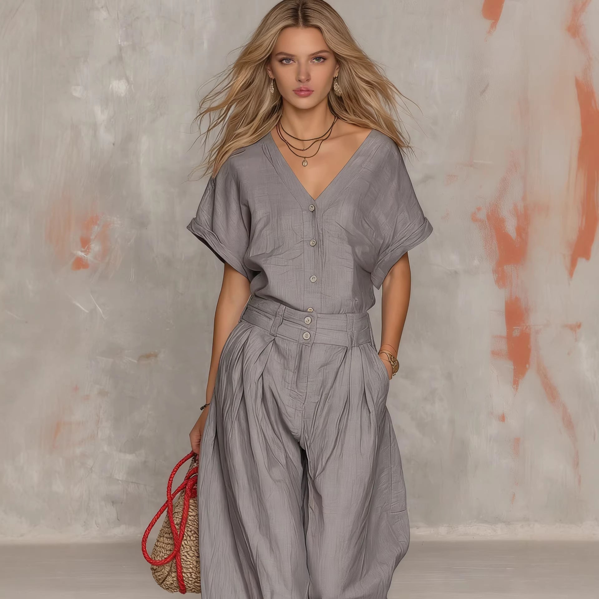 Solid-color V-neck Short-sleeve Top And Wide-leg Pants Set
