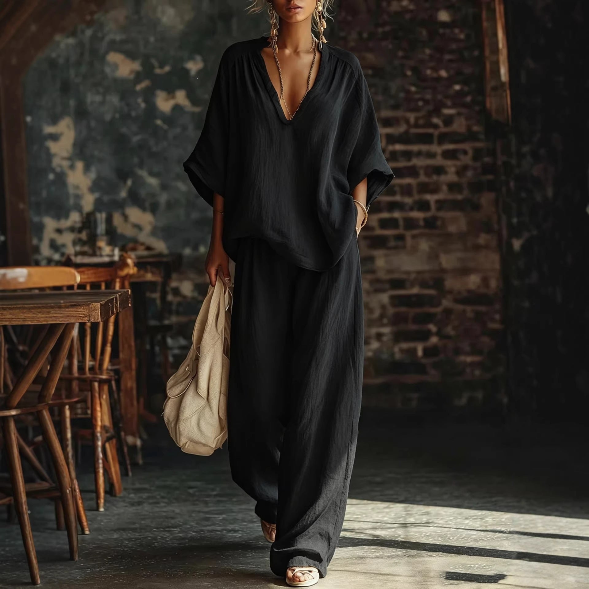 Womens V-neck Loose Short-Sleeve Casual Pants Two-Piece Set