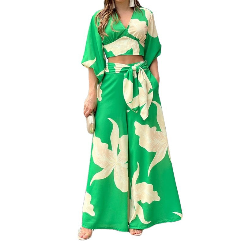 Fashionable Casual Top And High-waisted Wide-leg Pants Set