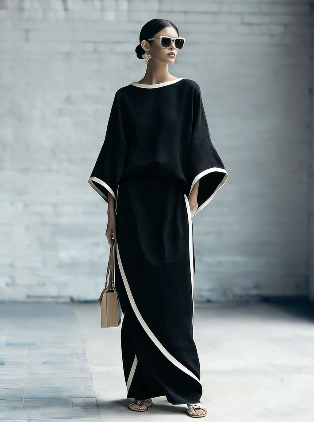 Loose-fitting Womens Batwing-sleeve Robe And Wide-leg Pants Two-piece Set